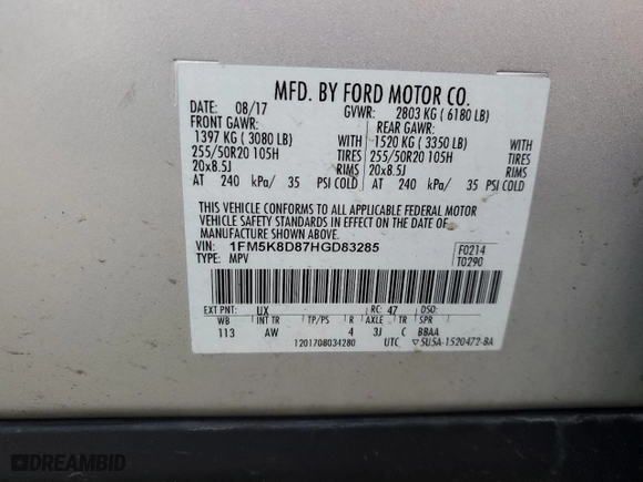 2017 Ford Explorer XLT with VIN 1FM5K8D87HGD83285, listed as a Copart auction lot 49115605 with 100,870 mi miles and Salvage Title. Bid and sale history available at carsss.com. Image 15.