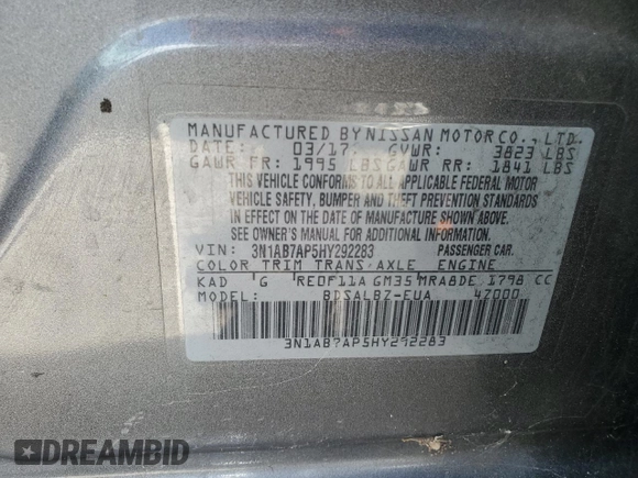 2017 Nissan Sentra SV with VIN 3N1AB7AP5HY292283, listed as a Copart auction lot 64947555 with 275,362 mi miles and Clean title. Bid and sale history available at DreamBid. Image 12.