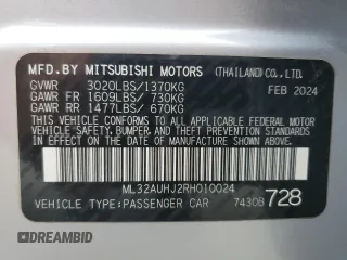 2024 Mitsubishi Mirage ES z VIN ML32AUHJ2RH010024, wystawiony jako Copart lot #59907215 z przebiegiem 29 712 mil mil oraz Szkoda całkowita • Salvage title. Historia ofert i sprzedaży dostępna na DreamBid. Obrazek 12.