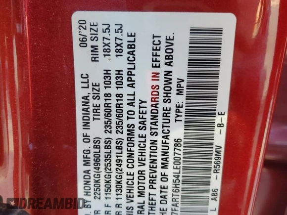 2020 Honda CR-V EX with VIN 7FART6H54LE007786, listed as a Copart auction lot 44129085 with 67,839 mi miles and Salvage Title. Bid and sale history available at DreamBid. Image 14.
