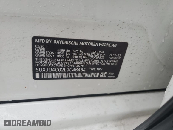 2020 BMW X5 M50i with VIN 5UXJU4C02L9C46464, listed as a Copart auction lot 43455805 with 89,337 mi miles and Salvage Title. Bid and sale history available at DreamBid. Image 13.