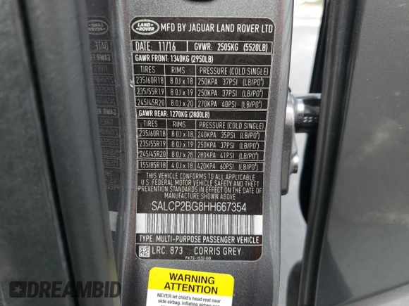 2017 Land Rover Discovery Sport SE z VIN SALCP2BG8HH667354, wystawiony jako Copart lot #58907555 z przebiegiem 55 820 mil mil oraz Szkoda całkowita • Salvage title. Historia ofert i sprzedaży dostępna na DreamBid. Obrazek 13.