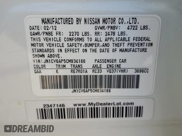 2012 Infiniti G37 Sedan Journey with VIN JN1CV6AP5CM934166, listed as a Copart auction lot 47825785 with 127,723 mi miles and Salvage Title. Bid and sale history available at carsss.com. Image 12.