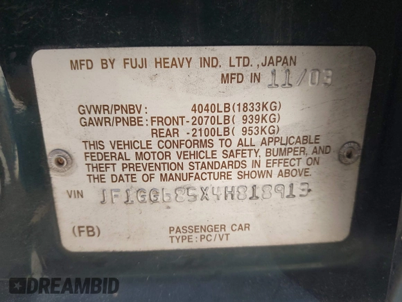 2004 Subaru Impreza Outback Special Sports с VIN JF1GG685X4H818913, выставлен на аукционе IAAI как лот 42542300 с пробегом 102 860 миль миль и . История ставок и продаж доступна на DreamBid. Изображение 9.