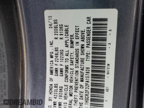 2015 Honda Accord LX with VIN 1HGCR2F32FA157839, listed as a Copart auction lot 54753165 with 96,423 mi miles and Salvage Title. Bid and sale history available at DreamBid. Image 12.
