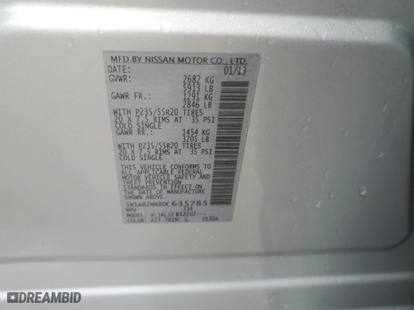 2013 Nissan Pathfinder SV with VIN 5N1AR2MN8DC635785, listed as a Copart auction lot 43347535 with 142,468 mi miles and Clean Title. Bid and sale history available at carsss.com. Image 12.