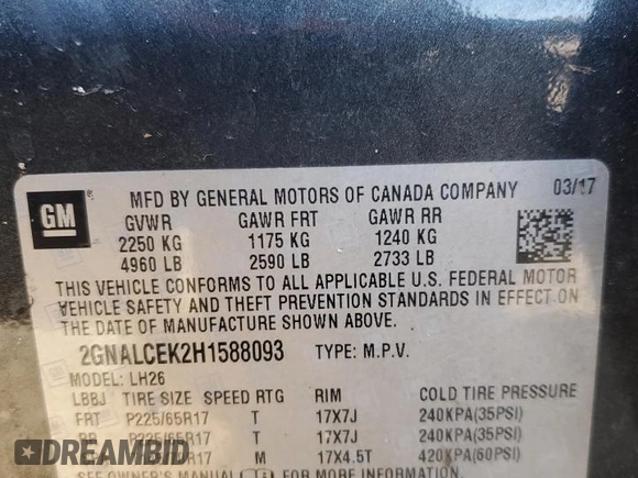 2017 Chevrolet Equinox LT with VIN 2GNALCEK2H1588093, listed as a Copart auction lot 47048915 with 169,262 mi miles and Salvage Title. Bid and sale history available at DreamBid. Image 16.