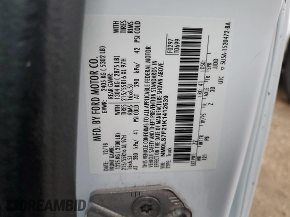 2019 Ford Transit Connect XLT с VIN NM0LS7F21K1412639, выставлен на аукционе Copart как лот 59694085 с пробегом 43 947 миль миль и Списание • Salvage title. История ставок и продаж доступна на DreamBid. Изображение 14.