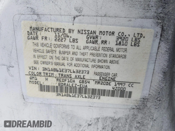 2007 Nissan Sentra 2.0 with VIN 3N1AB61E37L632373, listed as a IAAI auction lot 42017156 with 177,334 mi miles and . Bid and sale history available at DreamBid. Image 9.