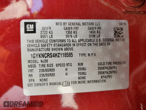 2017 Cadillac XT5 Premium Luxury FWD with VIN 1GYKNCRS4HZ118585, listed as a Copart auction lot 53738845 with 50,638 mi miles and Salvage Title. Bid and sale history available at DreamBid. Image 13.