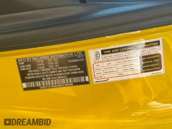 2018 McLaren 570S z VIN SBM13FAA2JW004563, wystawiony jako Copart lot #51371545 z przebiegiem 20 602 mil mil oraz Tytuł czysty. Historia ofert i sprzedaży dostępna na DreamBid. Obrazek 10.
