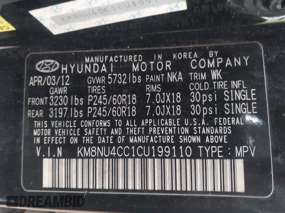 2012 Hyundai Veracruz Limited with VIN KM8NU4CC1CU199110, listed as a IAAI auction lot 42419169 with 215,374 mi miles and . Bid and sale history available at DreamBid. Image 9.