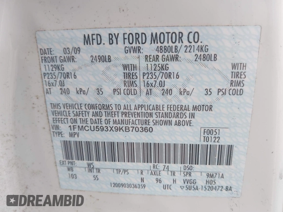 2009 Ford Escape Hybrid with VIN 1FMCU593X9KB70360, listed as a IAAI auction lot 42270239 with 133,658 mi miles and . Bid and sale history available at DreamBid. Image 9.