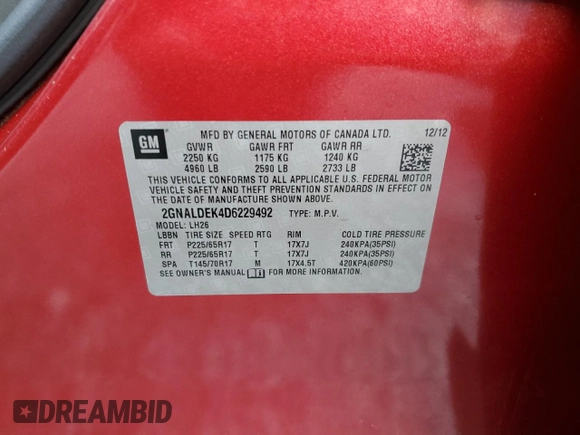 2013 Chevrolet Equinox LT with VIN 2GNALDEK4D6229492, listed as a Copart auction lot 49222885 with 108,473 mi miles and Salvage Title. Bid and sale history available at carsss.com. Image 15.