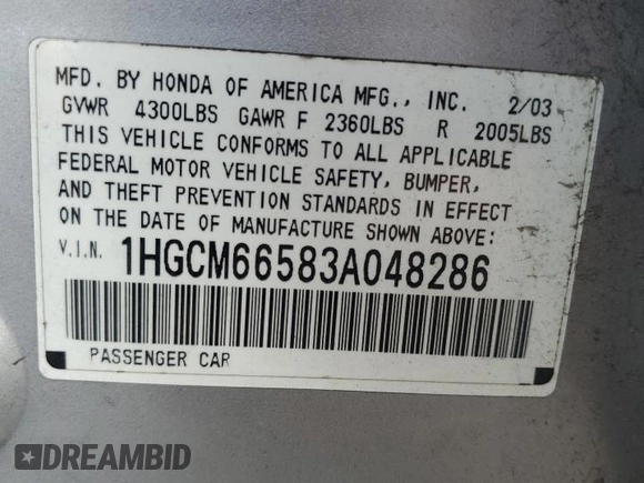 2003 Honda Accord EX with VIN 1HGCM66583A048286, listed as a Copart auction lot 64635145 with Not provided miles and Salvage title. Bid and sale history available at DreamBid. Image 12.