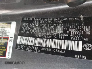 2008 Toyota Camry LE z VIN 4T1BE46K38U241786, wystawiony jako IAAI lot #42522233 z przebiegiem 280 856 mil mil oraz . Historia ofert i sprzedaży dostępna na DreamBid. Obrazek 9.