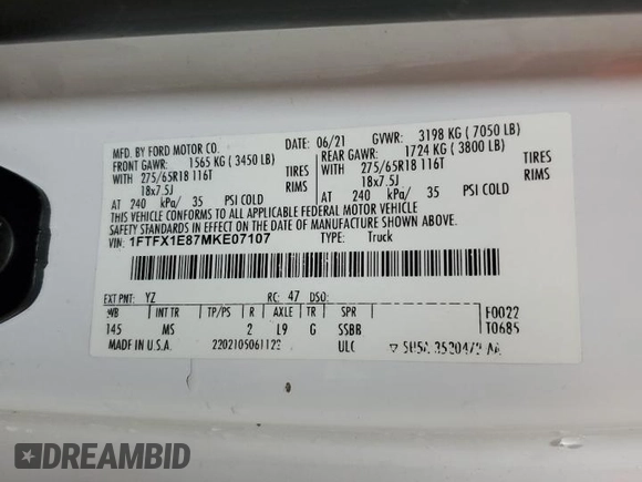 2021 Ford F-150 XL с VIN 1FTFX1E87MKE07107, выставлен на аукционе Copart как лот 59633425 с пробегом 73 519 миль миль и Списание • Salvage title. История ставок и продаж доступна на DreamBid. Изображение 12.