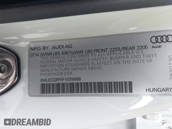 2015 Audi A3 Premium Plus with VIN WAUCCGFF5F1039868, listed as a IAAI auction lot 42577961 with 67,824 mi miles and . Bid and sale history available at DreamBid. Image 9.