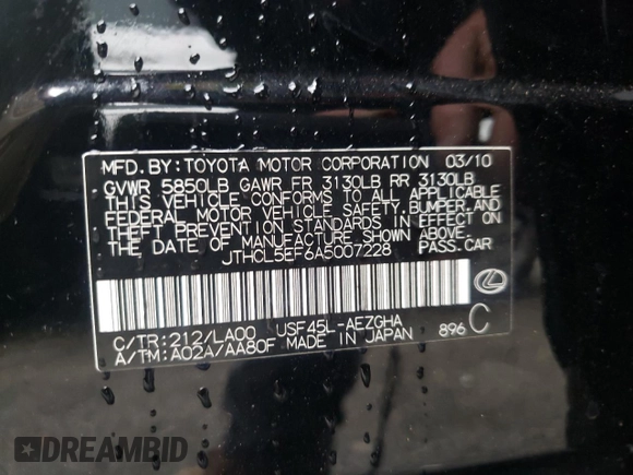 2010 Lexus LS 460 with VIN JTHCL5EF6A5007228, listed as a Copart auction lot 45401605 with 164,195 mi miles and Salvage title. Bid and sale history available at DreamBid. Image 12.
