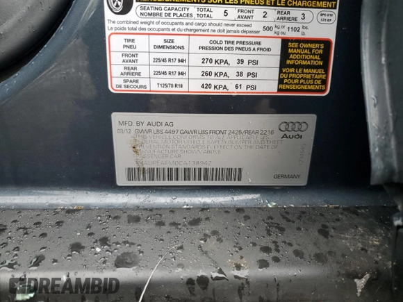 2012 Audi A3 Premium Plus with VIN WAUPEAFM0CA138942, listed as a Copart auction lot 89160125 with 151,955 mi miles and Salvage title. Bid and sale history available at DreamBid. Image 12.
