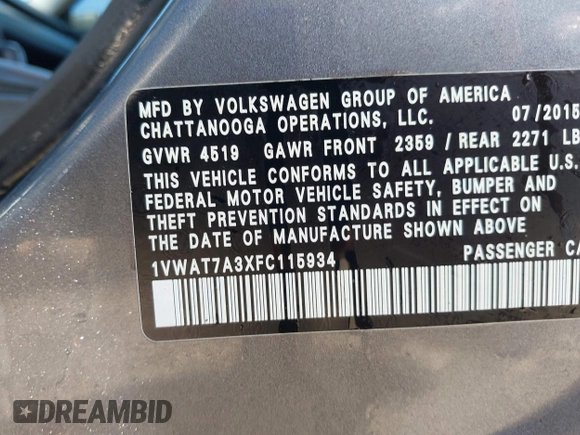 2015 Volkswagen Passat 1.8T Wolfsburg Ed with VIN 1VWAT7A3XFC115934, listed as a IAAI auction lot 41948035 with 243,143 mi miles. Bid and sale history available at carsss.com. Image 9.