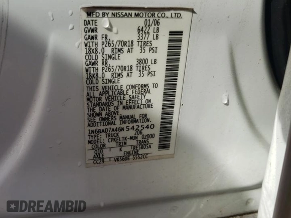 2006 Nissan Titan LE with VIN 1N6BA07A46N542540, listed as a Copart auction lot 73323694 with 274,658 mi miles and Salvage Title. Bid and sale history available at DreamBid. Image 13.