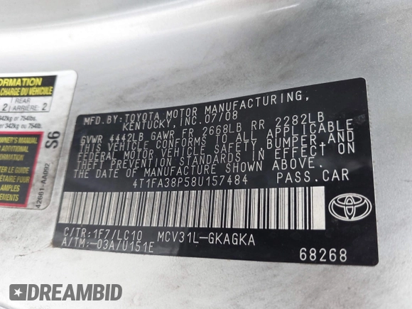 2008 Toyota Solara SE z VIN 4T1FA38P58U157484, wystawiony jako IAAI lot #42318581 z przebiegiem Nie podano mil oraz . Historia ofert i sprzedaży dostępna na DreamBid. Obrazek 9.