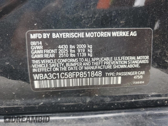 2015 BMW 3 Series 328i with VIN WBA3C1C58FP851848, listed as a Copart auction lot 61445445 with 74,814 mi miles and Salvage title. Bid and sale history available at DreamBid. Image 12.