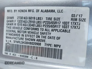 2017 Honda Odyssey SE with VIN 5FNRL5H38HB020908, listed as a IAAI auction lot 41239727 with 112,316 mi miles and . Bid and sale history available at carsss.com. Image 9.