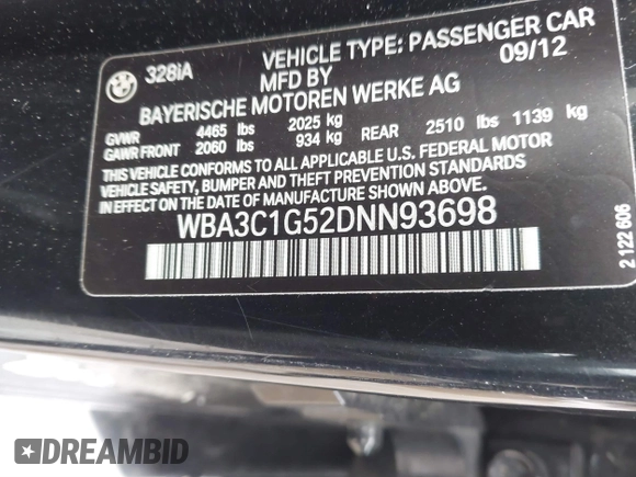 2013 BMW 3 Series 328i with VIN WBA3C1G52DNN93698, listed as a IAAI auction lot 41673985 with 160,233 mi miles and . Bid and sale history available at DreamBid. Image 9.