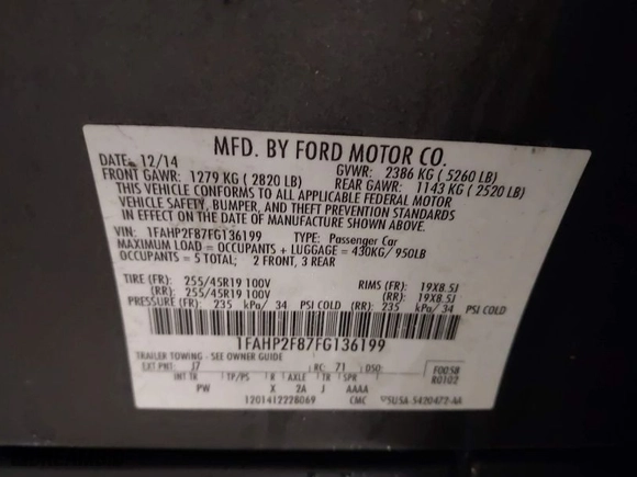 2015 Ford Taurus Limited with VIN 1FAHP2F87FG136199, listed as a IAAI auction lot 41920715 with 173,445 mi miles. Bid and sale history available at carsss.com. Image 9.