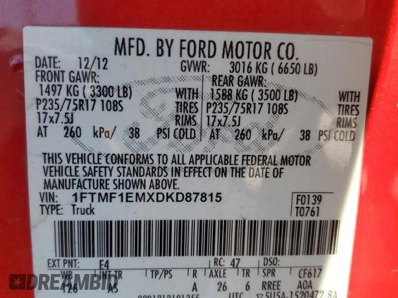 2013 Ford F-150 XL with VIN 1FTMF1EMXDKD87815, listed as a Copart auction lot 80028764 with 218,969 mi miles and Salvage Title. Bid and sale history available at carsss.com. Image 14.