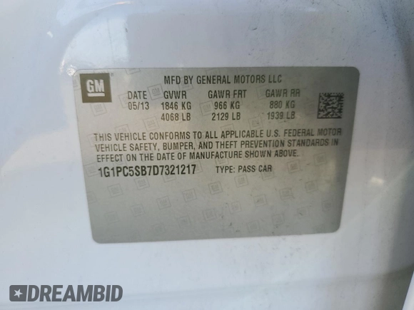 2013 Chevrolet Cruze 1LT with VIN 1G1PC5SB7D7321217, listed as a Copart auction lot 46117495 with 143,662 mi miles and Salvage Title. Bid and sale history available at carsss.com. Image 14.