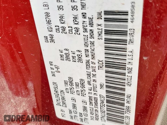 2007 Dodge 1500 SLT с VIN 1D7HU18277S244137, выставлен на аукционе Copart как лот 58054015 с пробегом 278 990 миль миль и Списание • Salvage title. История ставок и продаж доступна на DreamBid. Изображение 12.