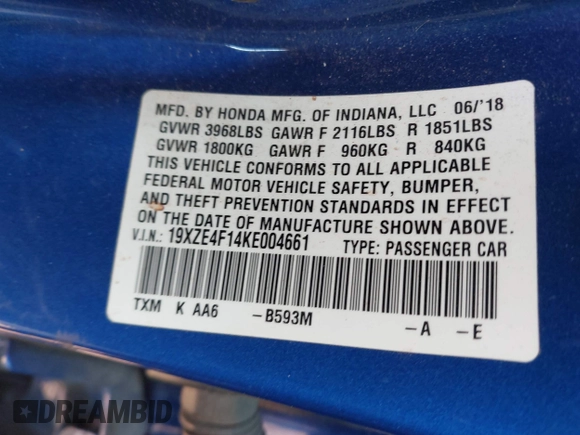 2019 Honda Insight LX with VIN 19XZE4F14KE004661, listed as a IAAI auction lot 41503980 with 110,189 mi miles and . Bid and sale history available at carsss.com. Image 9.