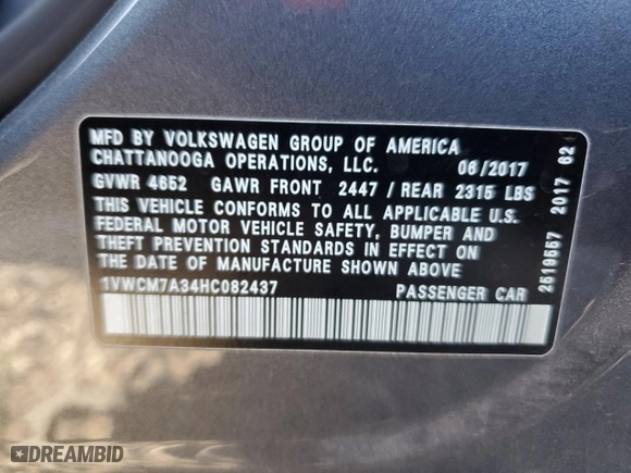 2017 Volkswagen Passat V6 SEL Premium with VIN 1VWCM7A34HC082437, listed as a Copart auction lot 76320474 with 179,516 mi miles and Salvage Title. Bid and sale history available at carsss.com. Image 14.