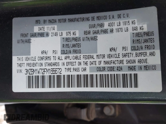 2015 Mazda 3 i Grand Touring with VIN 3MZBM1W72FM165672, listed as a IAAI auction lot 41177910 with 125,713 mi miles and . Bid and sale history available at DreamBid. Image 9.