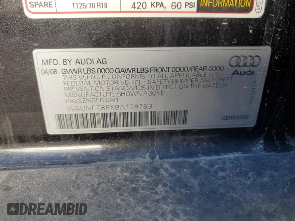 2008 Audi A3 with VIN WAUNF78PX8A179763, listed as a Copart auction lot 77011614 with 194,358 mi miles and Salvage Title. Bid and sale history available at carsss.com. Image 13.
