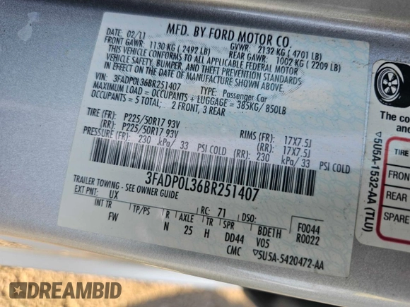 2011 Ford Fusion Hybrid with VIN 3FADP0L36BR251407, listed as a Copart auction lot 46709665 with 129,972 mi miles and Clean Title. Bid and sale history available at carsss.com. Image 10.