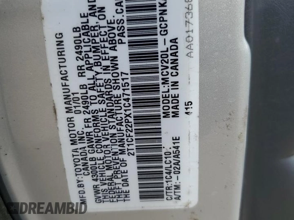 2001 Toyota Solara SE with VIN 2T1CF22PX1C471517, listed as a Copart auction lot 75935934 with Not Provided miles and Non Repairable. Bid and sale history available at DreamBid. Image 13.