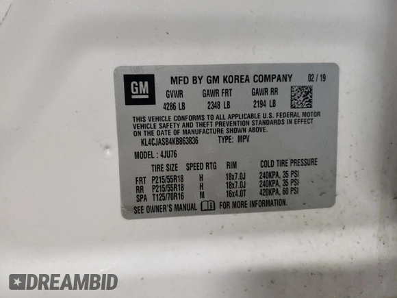 2019 Buick Encore Preferred with VIN KL4CJASB4KB863836, listed as a Copart auction lot 44606745 with 65,767 mi miles and Salvage Title. Bid and sale history available at carsss.com. Image 12.