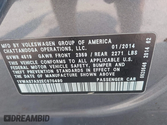 2014 Volkswagen Passat Wolfsburg Edition with VIN 1VWAS7A32EC070490, listed as a IAAI auction lot 42373146 with 53,706 mi miles and . Bid and sale history available at DreamBid. Image 9.