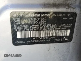 2023 Mitsubishi Mirage SE z VIN ML32FVFJ3PHF02927, wystawiony jako Copart lot #46159955 z przebiegiem 35 432 mil mil oraz Szkoda całkowita • Salvage title. Historia ofert i sprzedaży dostępna na DreamBid. Obrazek 12.