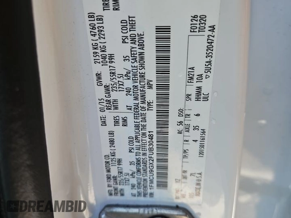 2015 Ford Escape SE with VIN 1FMCU9GX2FUB30481, listed as a Copart auction lot 53916855 with 138,949 mi miles and Salvage Title. Bid and sale history available at carsss.com. Image 13.