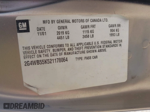 2002 Buick Regal LS with VIN 2G4WB55K521178064, listed as a IAAI auction lot 42521418 with Not provided miles and . Bid and sale history available at DreamBid. Image 9.