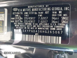 2017 Kia Sorento LX with VIN 5XYPGDA36HG265067, listed as a IAAI auction lot 42438925 with 112,236 mi miles and . Bid and sale history available at DreamBid. Image 9.