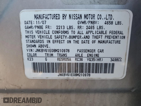 2008 Infiniti G35 with VIN JNKBV61E08M210978, listed as a Copart auction lot 83411904 with 153,687 mi miles and Salvage Title. Bid and sale history available at DreamBid. Image 13.