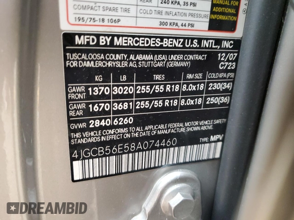 2008 Mercedes-Benz R 3.5L with VIN 4JGCB56E58A074460, listed as a Copart auction lot 84403464 with 296,644 mi miles and Salvage title. Bid and sale history available at DreamBid. Image 13.