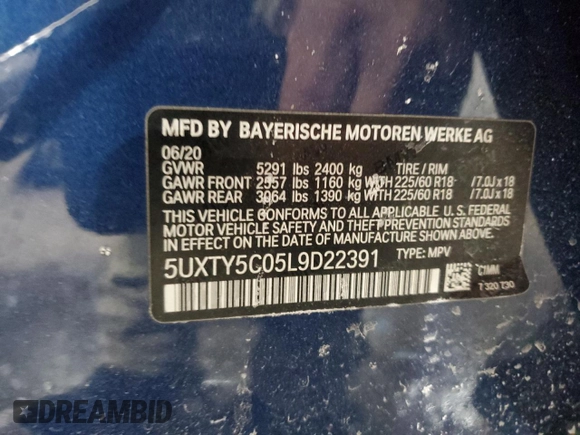 2020 BMW X3 xDrive30i with VIN 5UXTY5C05L9D22391, listed as a Copart auction lot 45843755 with Not Provided miles and Salvage Title. Bid and sale history available at DreamBid. Image 15.
