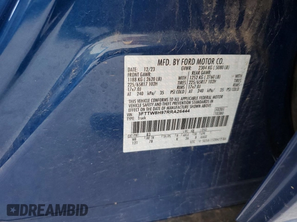 2024 Ford Maverick XLT with VIN 3FTTW8H97RRA26444, listed as a Copart auction lot 61908485 with 16,162 mi miles and Salvage title. Bid and sale history available at DreamBid. Image 12.